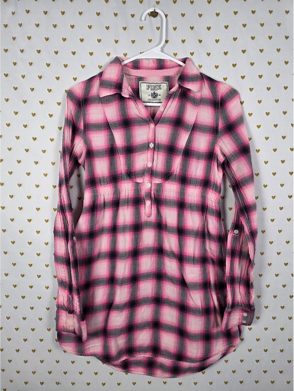 Vintage PINK Victoria's Secret Plaid Shirt Dress Tunic Pink Gray Small Y2K